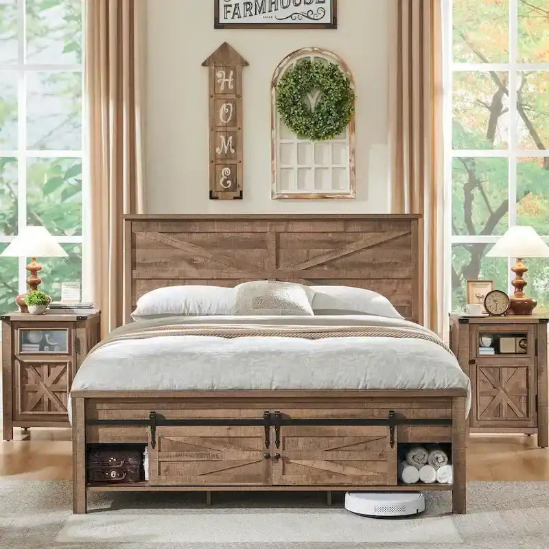 Struttura letto in legno marrone caldo stile rustico con contenitore ad ante scorrevoli tipo fienile