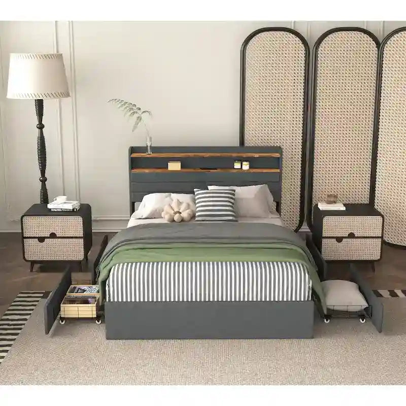 Letto contenitore matrimoniale rivestito con illuminazione LED, ricarica e quattro cassetti