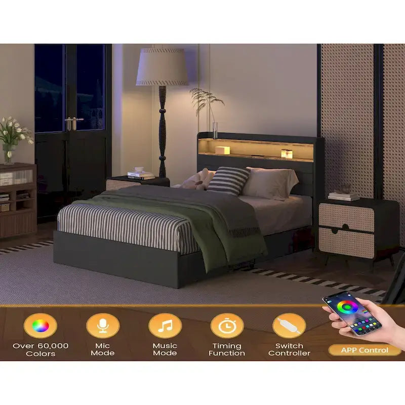 Letto contenitore matrimoniale rivestito con illuminazione LED, ricarica e quattro cassetti
