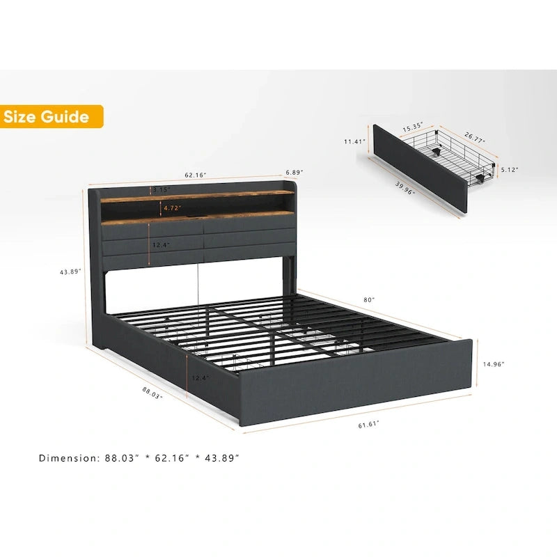 Letto contenitore matrimoniale rivestito con illuminazione LED, ricarica e quattro cassetti