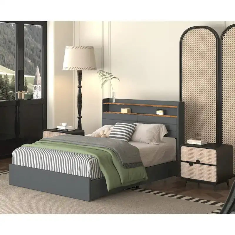 Letto contenitore matrimoniale rivestito con illuminazione LED, ricarica e quattro cassetti