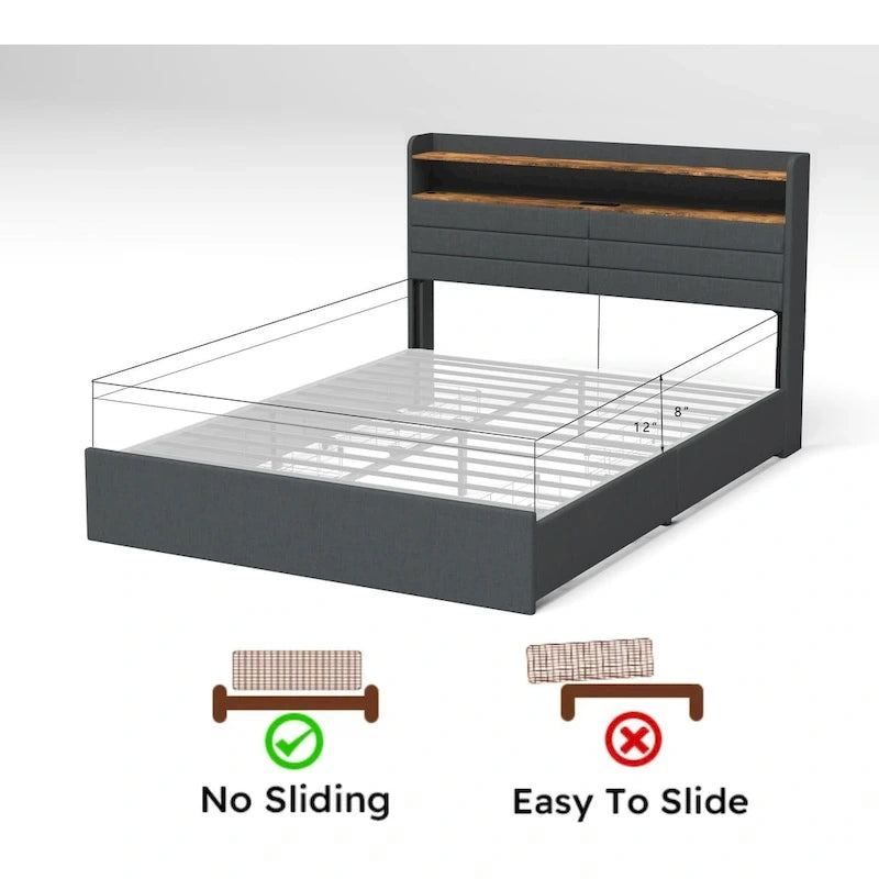Letto contenitore matrimoniale rivestito con illuminazione LED, ricarica e quattro cassetti