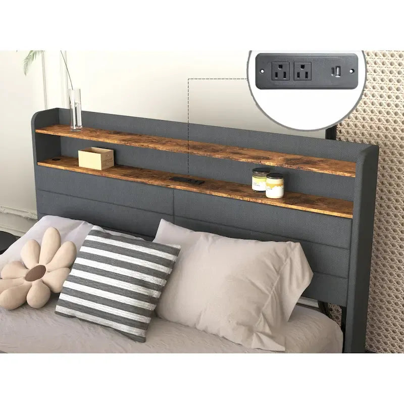 Letto contenitore matrimoniale rivestito con illuminazione LED, ricarica e quattro cassetti