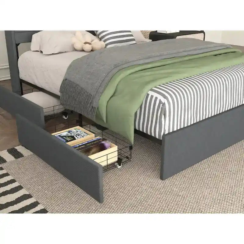 Letto contenitore matrimoniale rivestito con illuminazione LED, ricarica e quattro cassetti