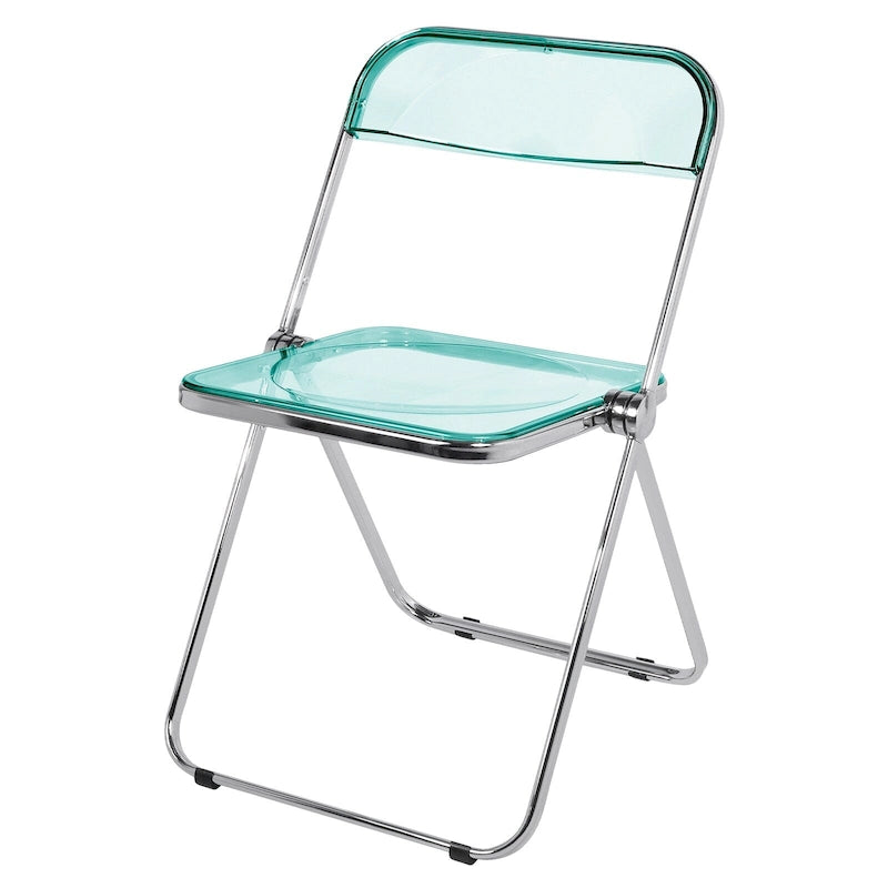Transparenter Klapp-Esszimmerstuhl aus Acryl mit silberfarbenem Metallgestell und stapelbarer Sitzfläche
