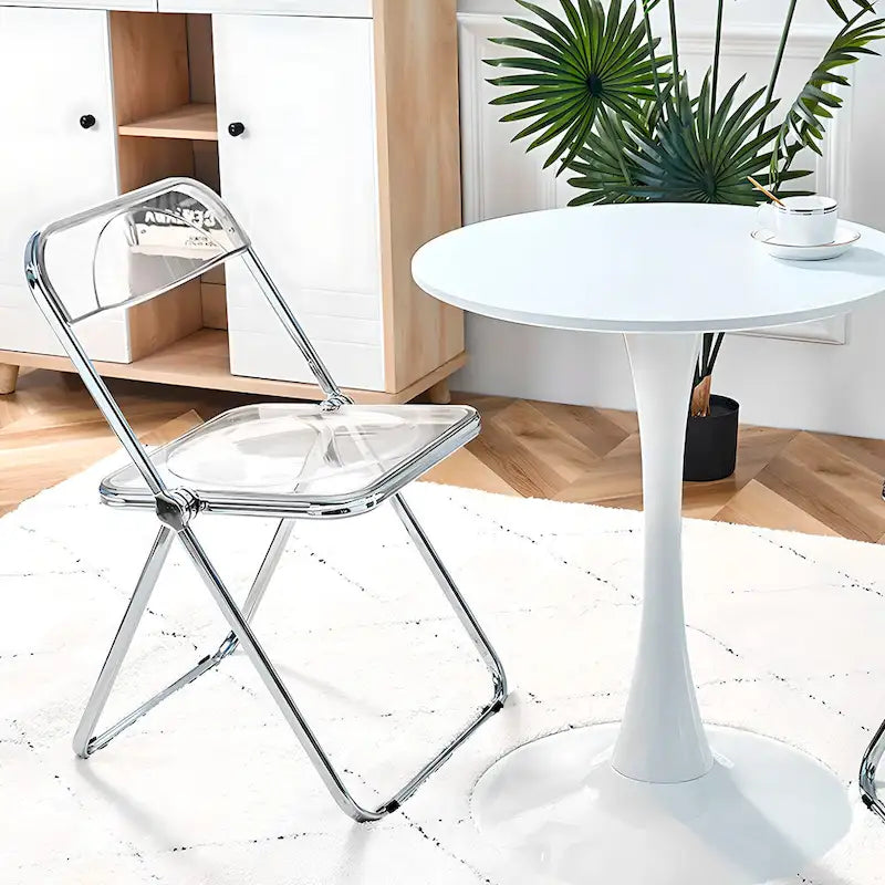 Clear Acrylic Folding Dining Chair with Silver Metal Frame, Stackable Seat