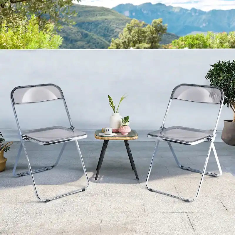 Clear Acrylic Folding Dining Chair with Silver Metal Frame, Stackable Seat