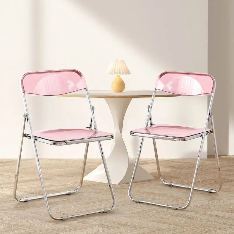 Clear Acrylic Folding Dining Chair with Silver Metal Frame, Stackable Seat