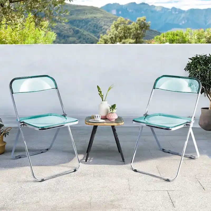 Clear Acrylic Folding Dining Chair with Silver Metal Frame, Stackable Seat