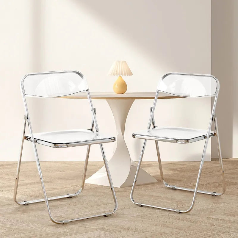 Clear Acrylic Folding Dining Chair with Silver Metal Frame, Stackable Seat