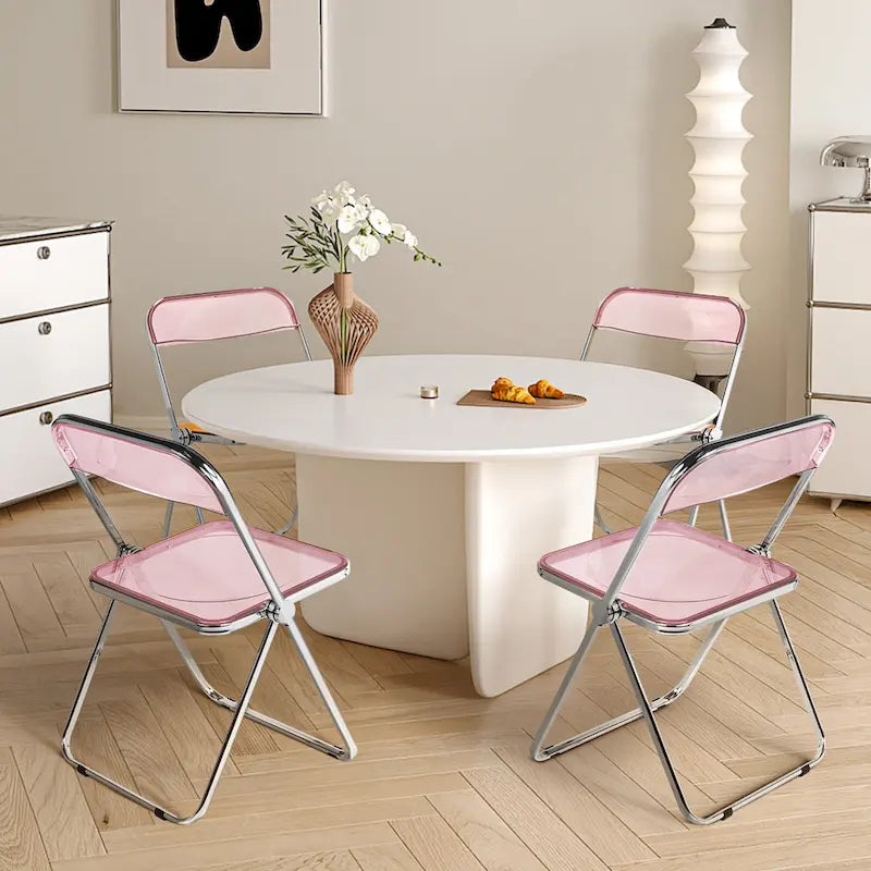 Clear Acrylic Folding Dining Chair with Silver Metal Frame, Stackable Seat