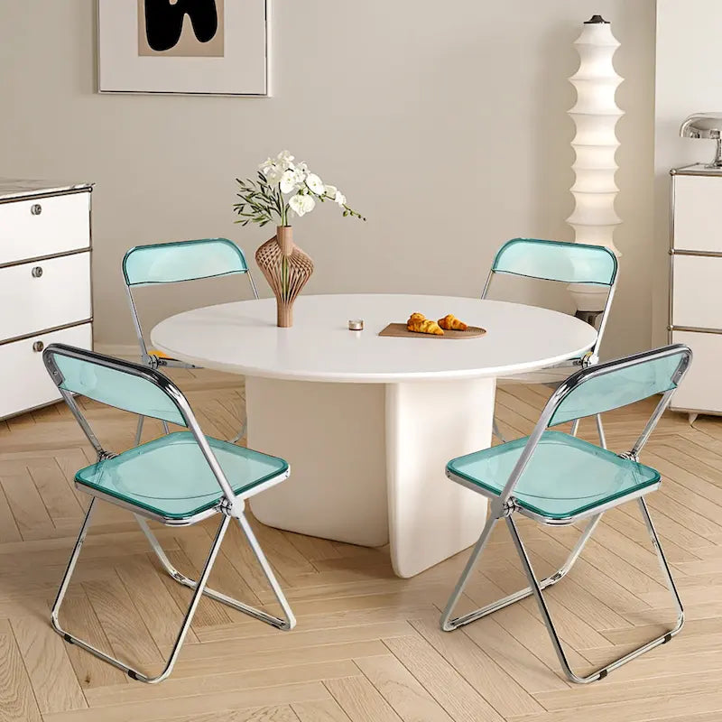 Clear Acrylic Folding Dining Chair with Silver Metal Frame, Stackable Seat