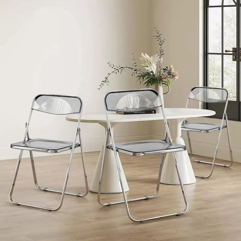 Clear Acrylic Folding Dining Chair with Silver Metal Frame, Stackable Seat