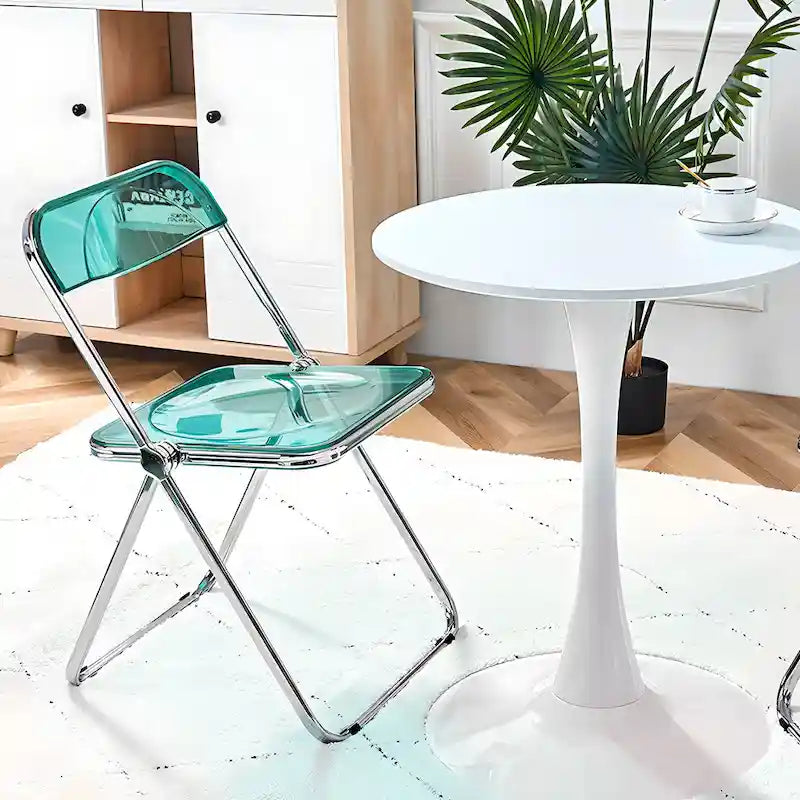 Clear Acrylic Folding Dining Chair with Silver Metal Frame, Stackable Seat