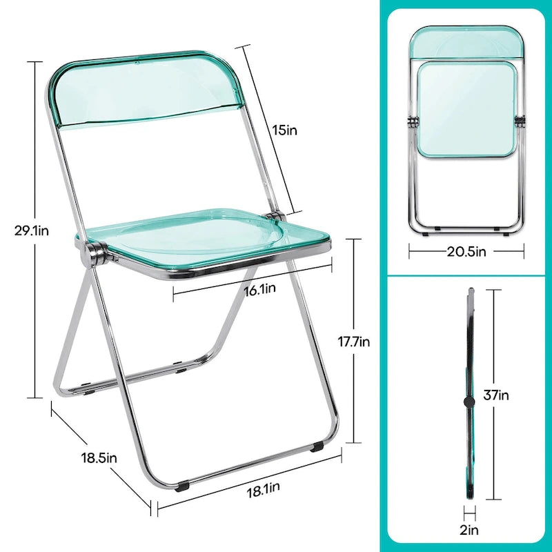 Clear Acrylic Folding Dining Chair with Silver Metal Frame, Stackable Seat