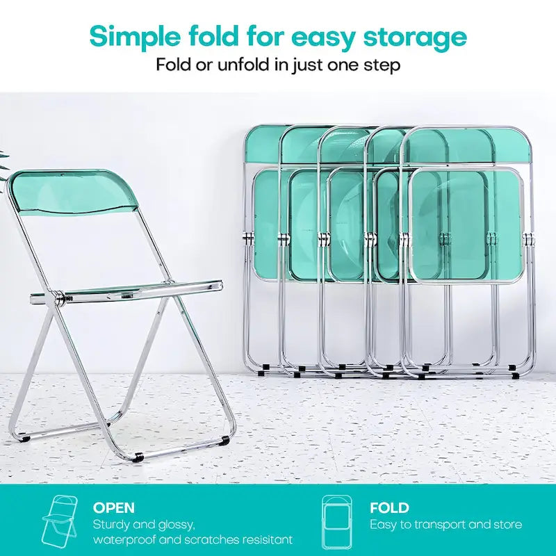 Clear Acrylic Folding Dining Chair with Silver Metal Frame, Stackable Seat