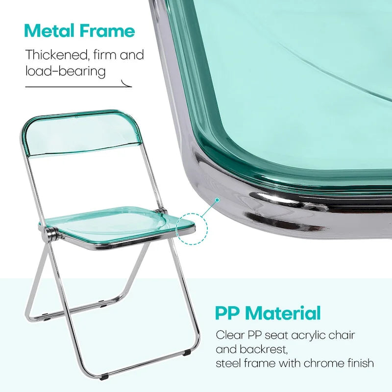Clear Acrylic Folding Dining Chair with Silver Metal Frame, Stackable Seat