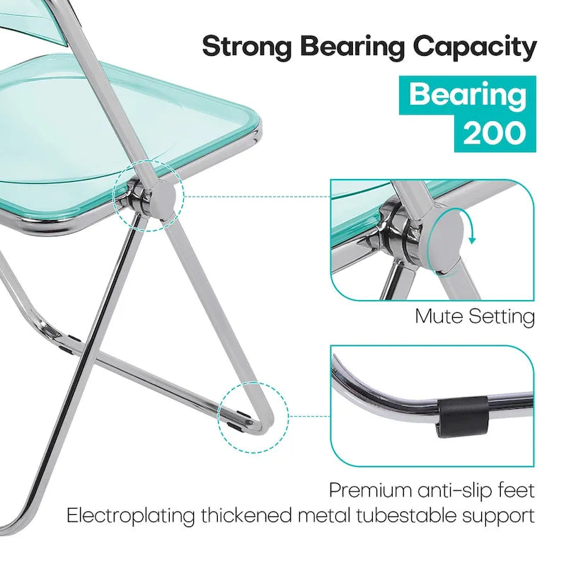 Clear Acrylic Folding Dining Chair with Silver Metal Frame, Stackable Seat