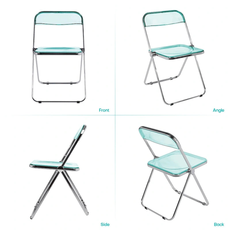 Clear Acrylic Folding Dining Chair with Silver Metal Frame, Stackable Seat
