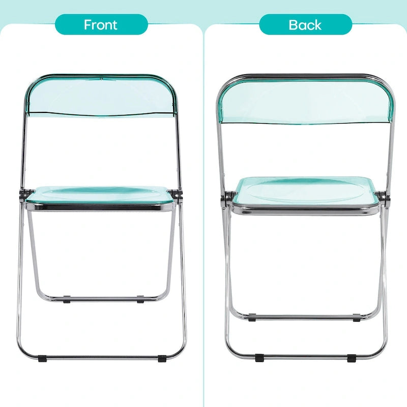 Clear Acrylic Folding Dining Chair with Silver Metal Frame, Stackable Seat