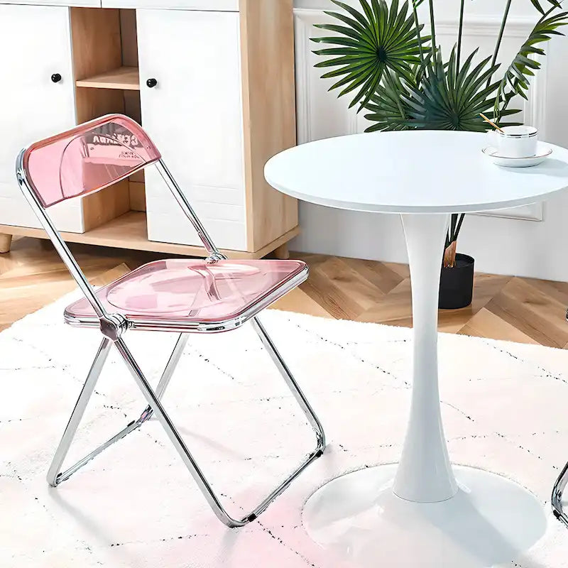 Clear Acrylic Folding Dining Chair with Silver Metal Frame, Stackable Seat