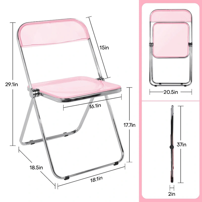 Clear Acrylic Folding Dining Chair with Silver Metal Frame, Stackable Seat