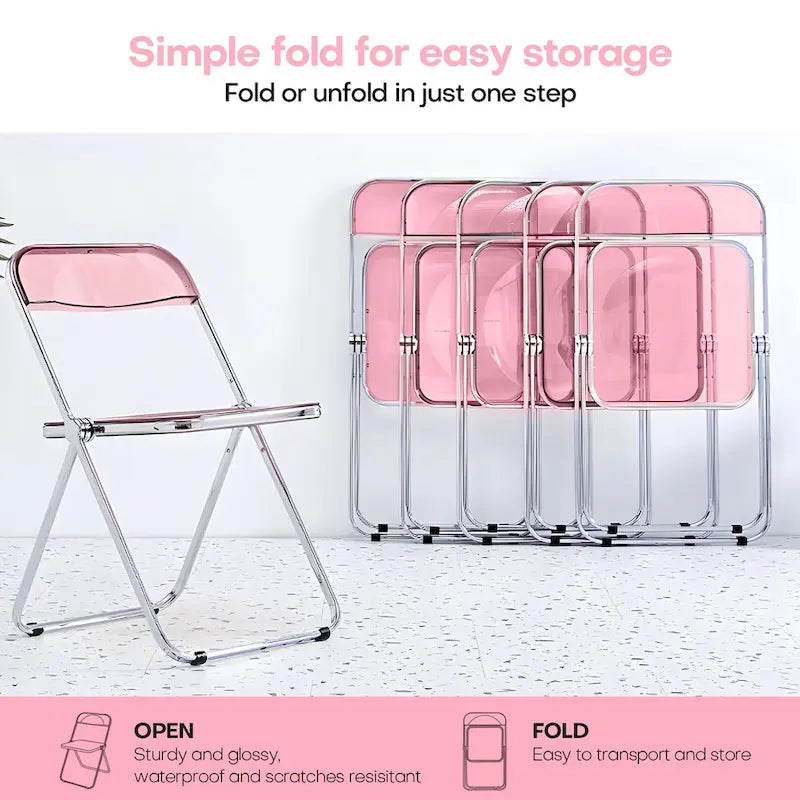 Clear Acrylic Folding Dining Chair with Silver Metal Frame, Stackable Seat