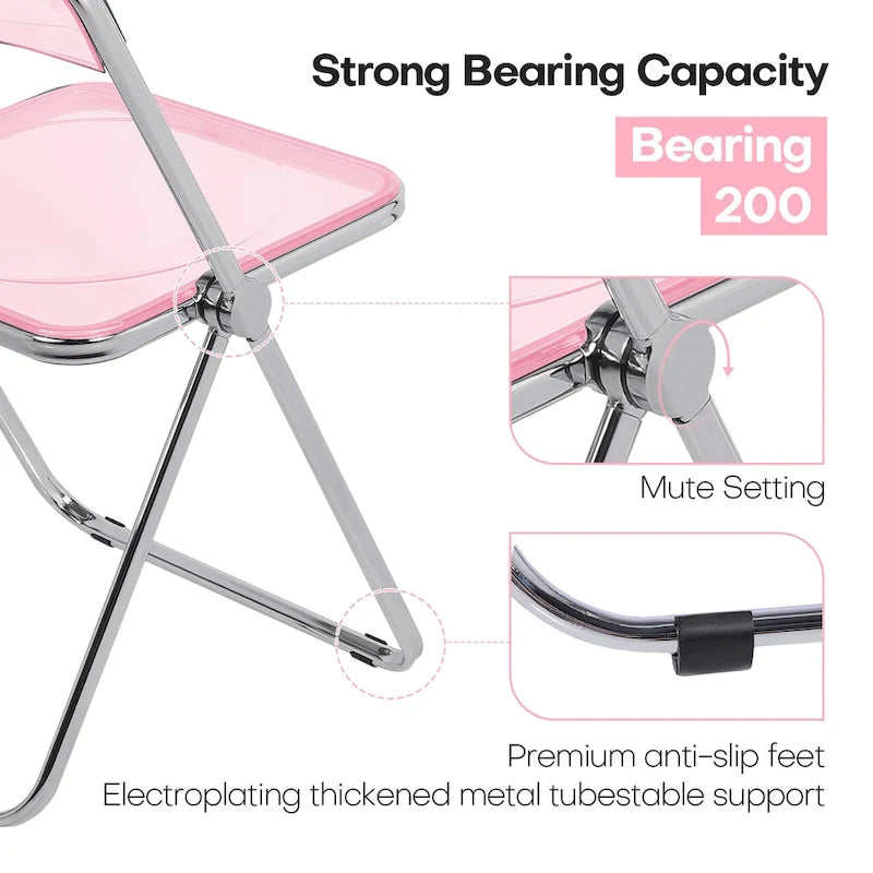 Clear Acrylic Folding Dining Chair with Silver Metal Frame, Stackable Seat