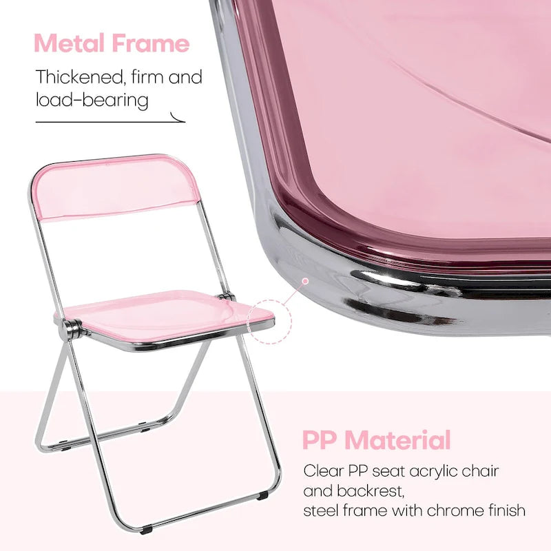 Clear Acrylic Folding Dining Chair with Silver Metal Frame, Stackable Seat