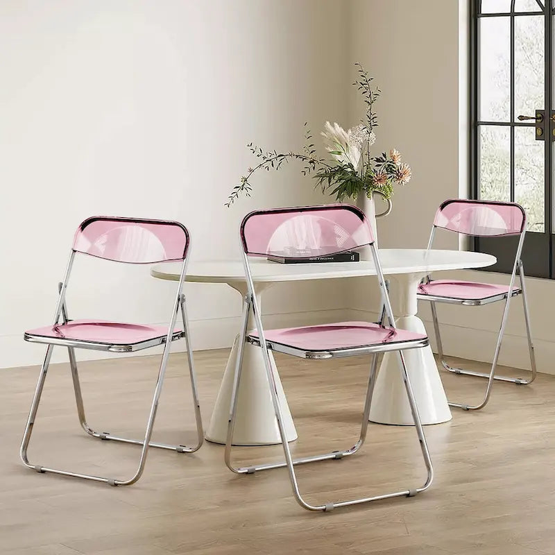 Clear Acrylic Folding Dining Chair with Silver Metal Frame, Stackable Seat