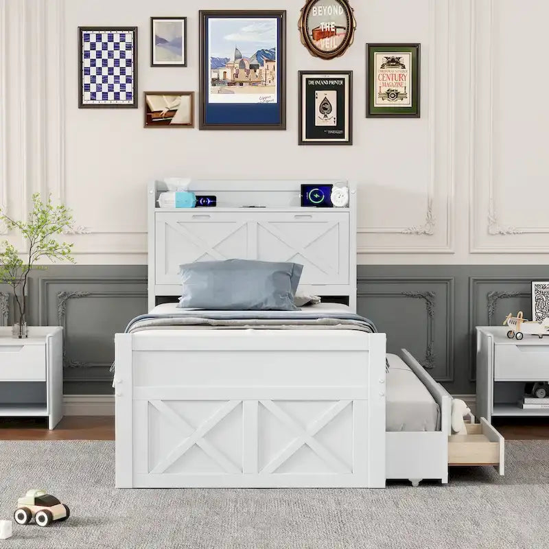 Letto a piattaforma in legno con testiera contenitore, cassetti e letto estraibile