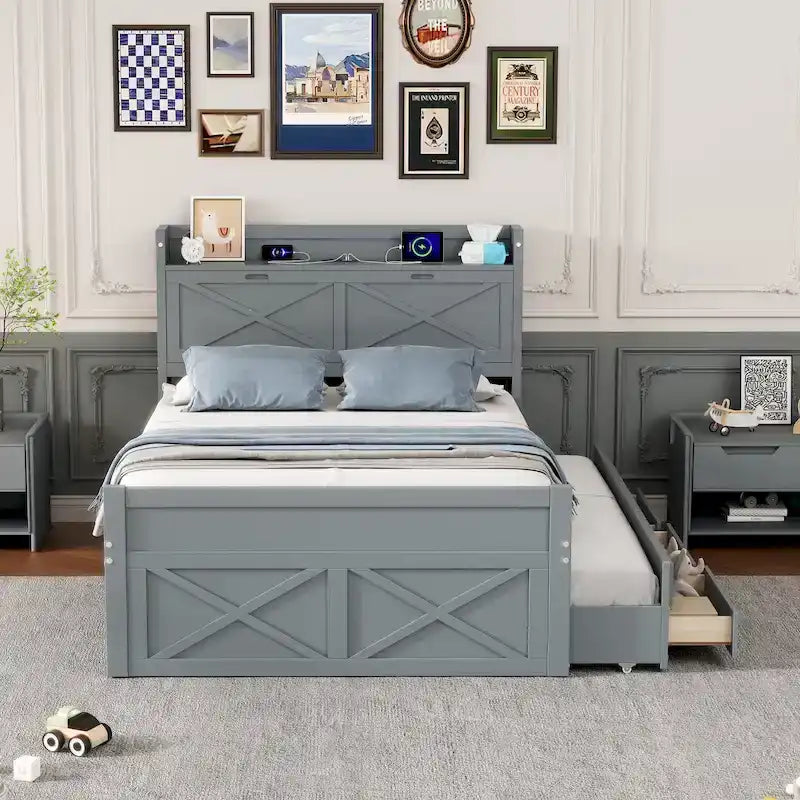 Letto a piattaforma in legno con testiera contenitore, cassetti e letto estraibile