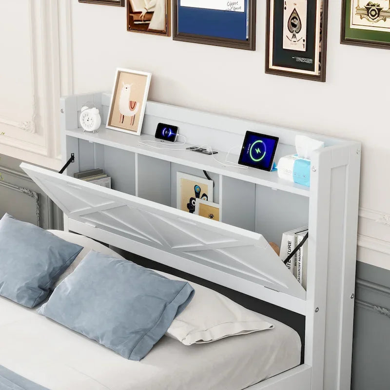 Letto a piattaforma in legno con testiera contenitore, cassetti e letto estraibile