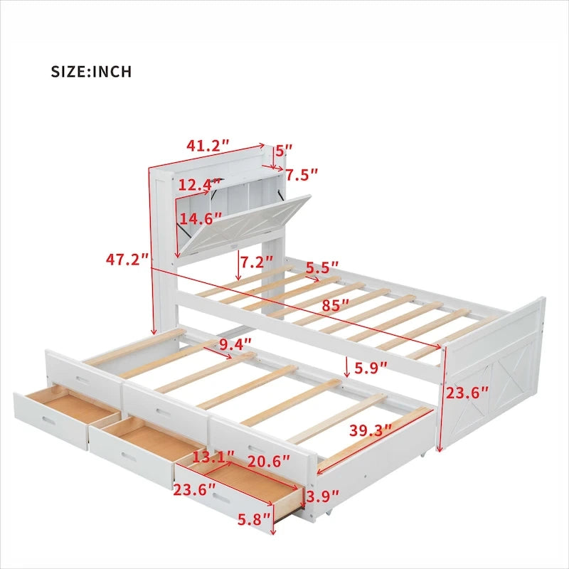 Holzplattformbett mit Stauraum-Kopfteil, Schubladen und ausziehbarem Gästebett