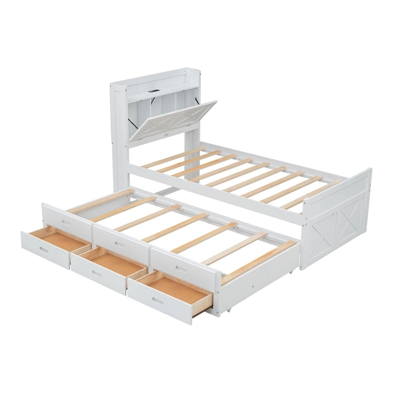 Holzplattformbett mit Stauraum-Kopfteil, Schubladen und ausziehbarem Gästebett