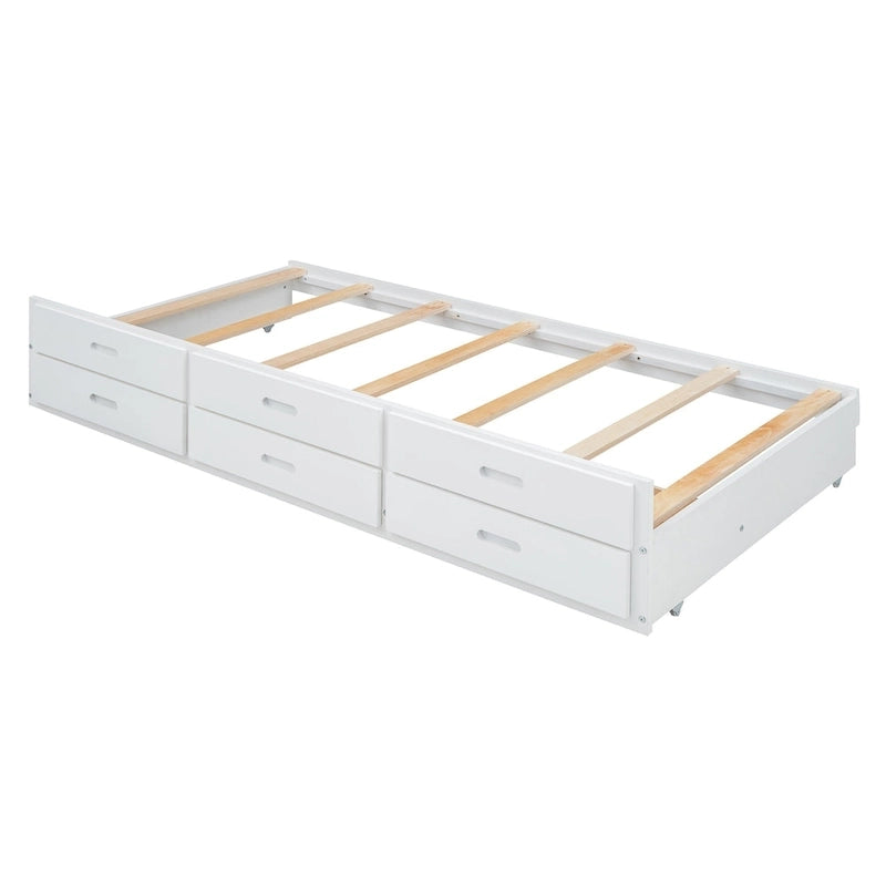Holzplattformbett mit Stauraum-Kopfteil, Schubladen und ausziehbarem Gästebett