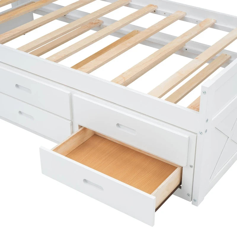 Holzplattformbett mit Stauraum-Kopfteil, Schubladen und ausziehbarem Gästebett