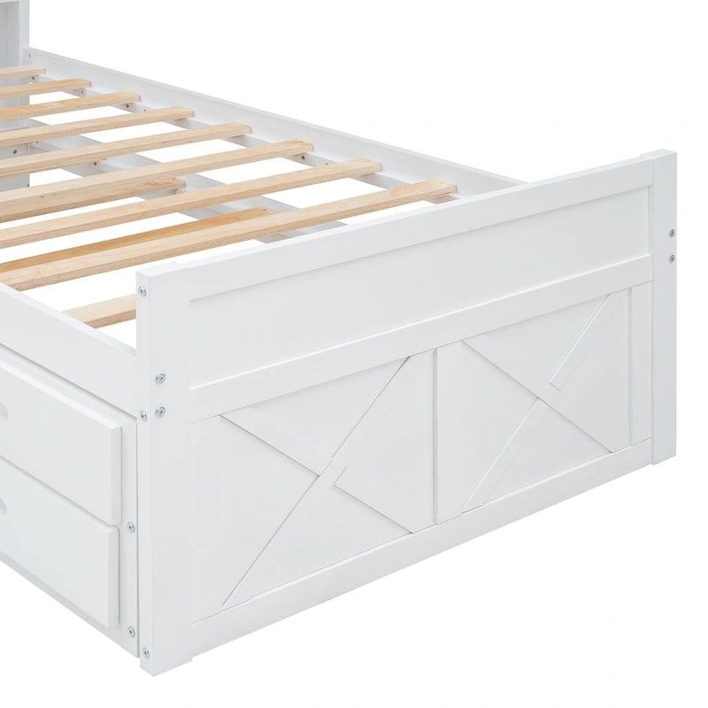 Holzplattformbett mit Stauraum-Kopfteil, Schubladen und ausziehbarem Gästebett
