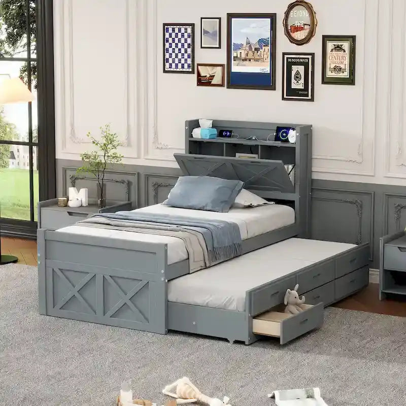 Holzplattformbett mit Stauraum-Kopfteil, Schubladen und ausziehbarem Gästebett