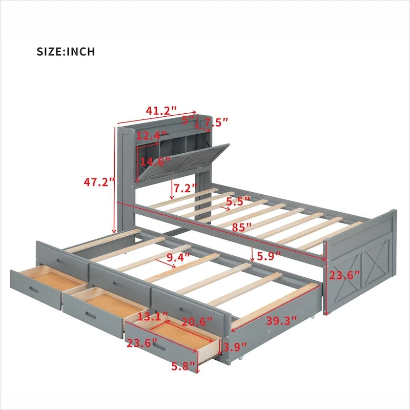 Holzplattformbett mit Stauraum-Kopfteil, Schubladen und ausziehbarem Gästebett