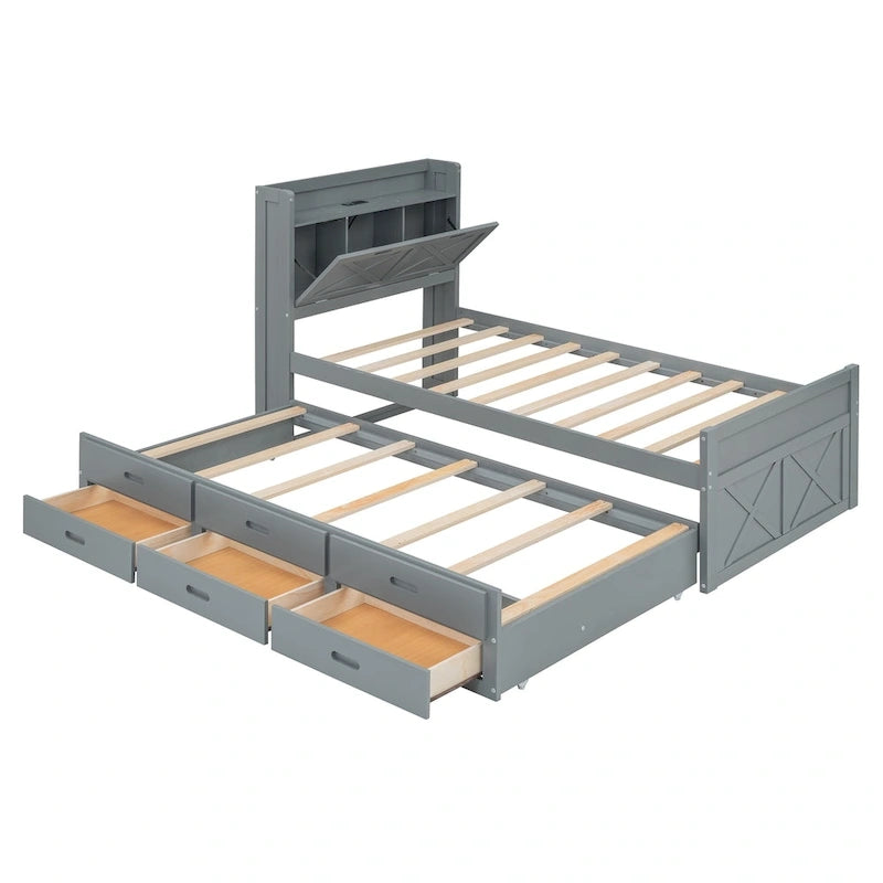 Holzplattformbett mit Stauraum-Kopfteil, Schubladen und ausziehbarem Gästebett