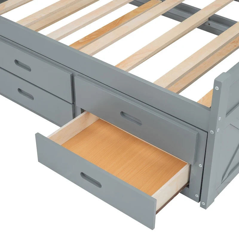 Holzplattformbett mit Stauraum-Kopfteil, Schubladen und ausziehbarem Gästebett