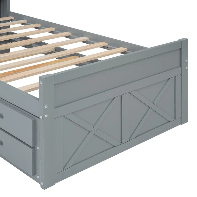 Holzplattformbett mit Stauraum-Kopfteil, Schubladen und ausziehbarem Gästebett