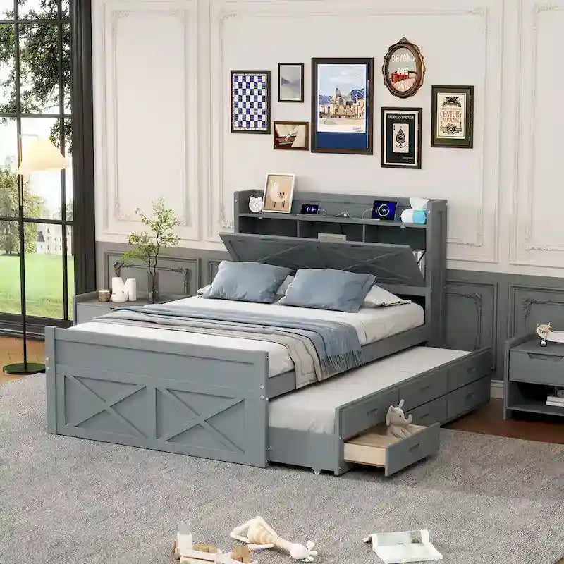 Holzplattformbett mit Stauraum-Kopfteil, Schubladen und ausziehbarem Gästebett