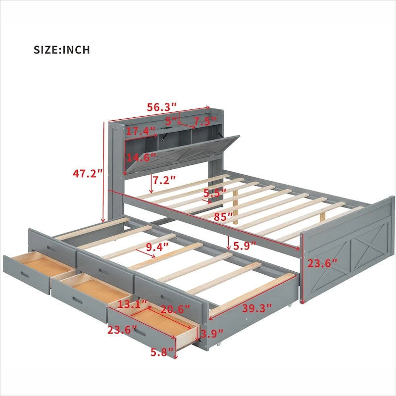 Holzplattformbett mit Stauraum-Kopfteil, Schubladen und ausziehbarem Gästebett