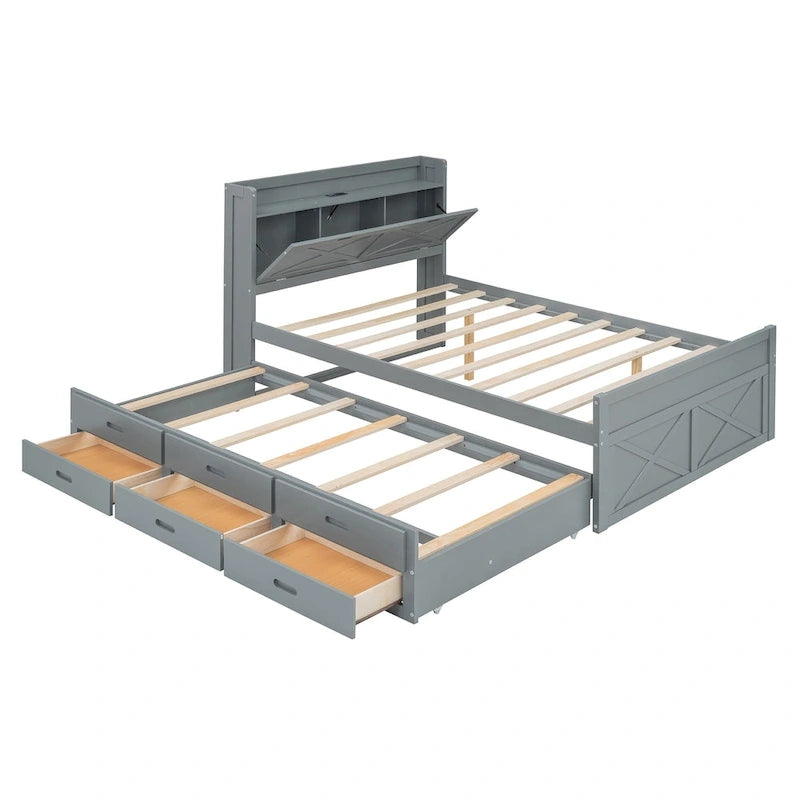Holzplattformbett mit Stauraum-Kopfteil, Schubladen und ausziehbarem Gästebett