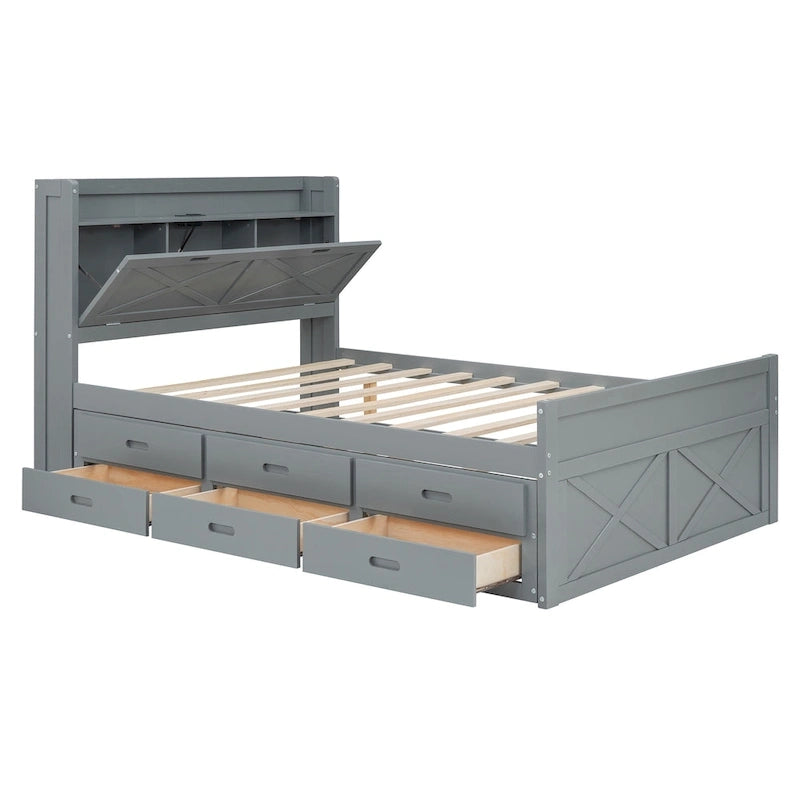 Holzplattformbett mit Stauraum-Kopfteil, Schubladen und ausziehbarem Gästebett