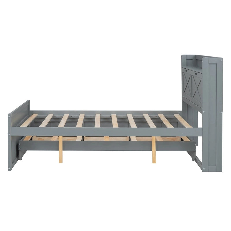 Holzplattformbett mit Stauraum-Kopfteil, Schubladen und ausziehbarem Gästebett