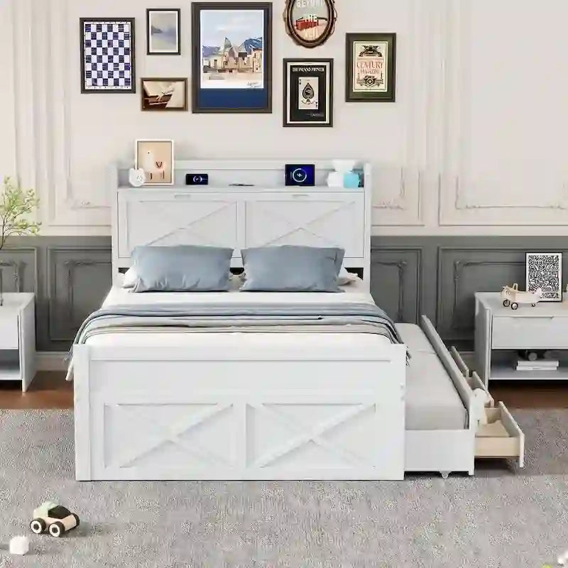 Holzplattformbett mit Stauraum-Kopfteil, Schubladen und ausziehbarem Gästebett