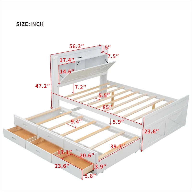 Holzplattformbett mit Stauraum-Kopfteil, Schubladen und ausziehbarem Gästebett